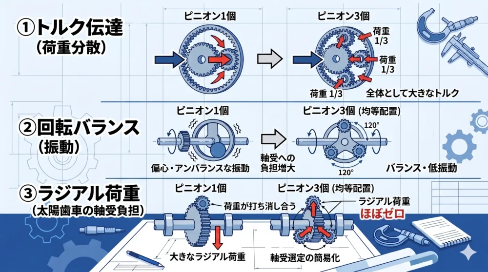 遊星ピニオン数の違いによるトルク伝達、回転バランス、ラジアル荷重への影響を3つのポイントで解説したイラスト