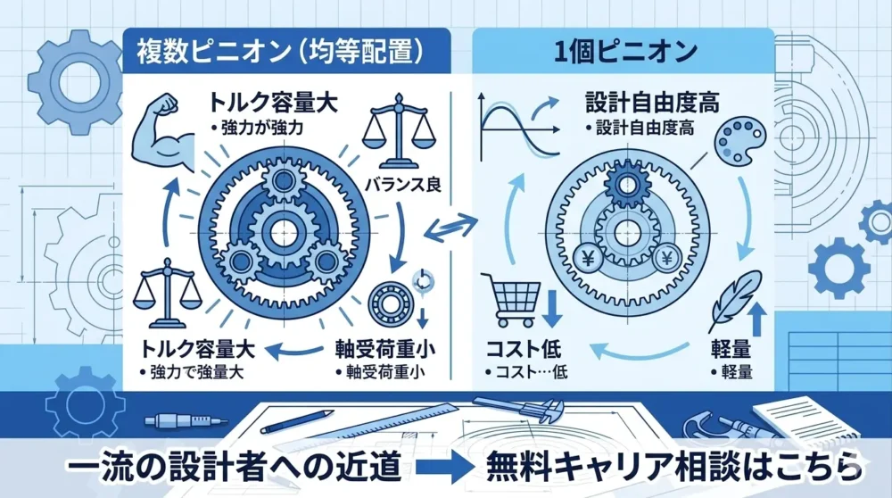 複数ピニオン(均等配置)と1個ピニオンの特徴を対比させ、それぞれの強みと適した用途をまとめたイラスト