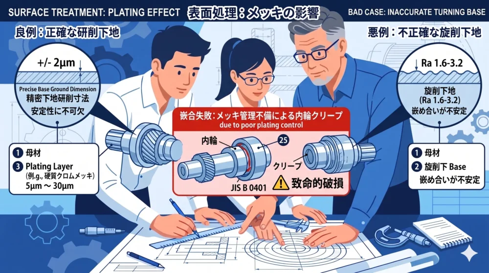シャフトのメッキ処理（硬質クロム）による寸法積層と、研削による下地管理の影響 。