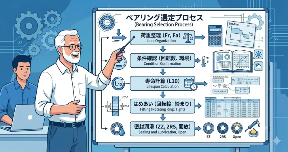 実務で重要なベアリング設計の3つの注意点（交換性、予圧、熱膨張）を、具体的な図解とアイコンで示したイラスト。