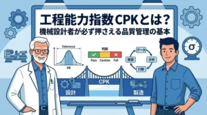 工程能力指数CPKの基本を解説する機械設計者向けの品質管理アイキャッチ画像。ヒストグラム、改善サイクル、設計と製造の橋渡しをする図解が含まれる。