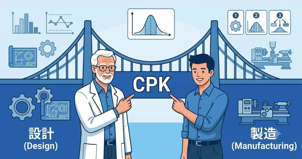 「設計（Design）」と「製造（Manufacturing）」をつなぐ大きな橋「CPK」。シニア技術者と若い設計者が笑顔でその橋を指し示し、共通言語としての役割を強調している。