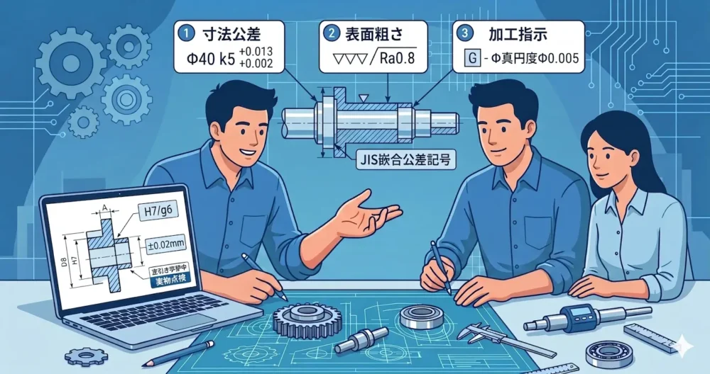 ベアリング嵌合部の図面指示の具体例。JIS嵌め合い記号、表面粗さ、加工指示（G）、幾何公差の組み合わせ 。