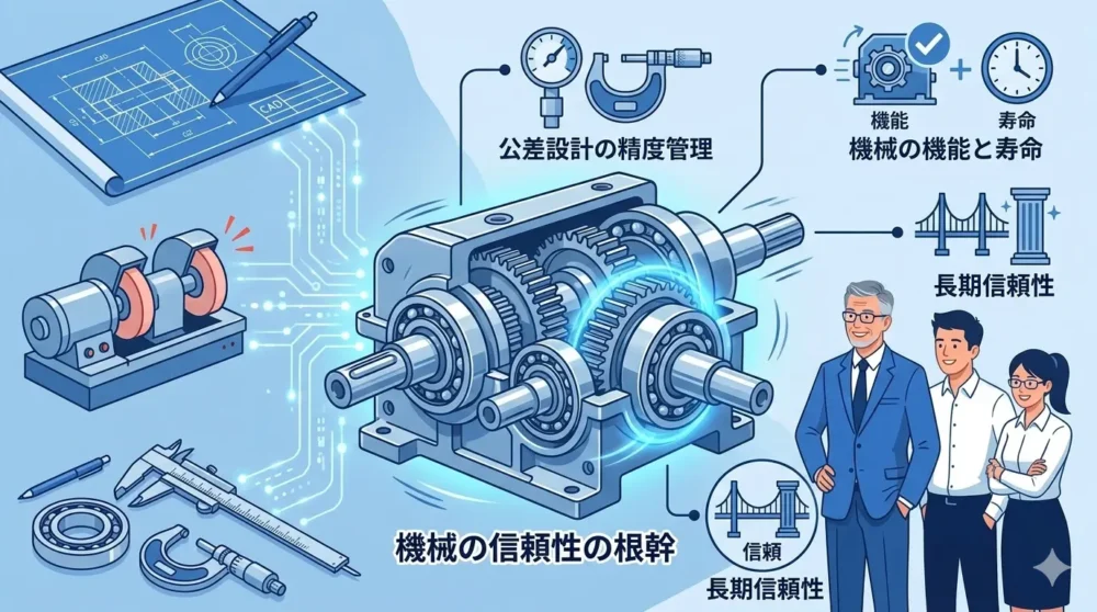 軸設計の精度管理が機械の長期信頼性と寿命に直結するという、最終的なまとめの概念図 。