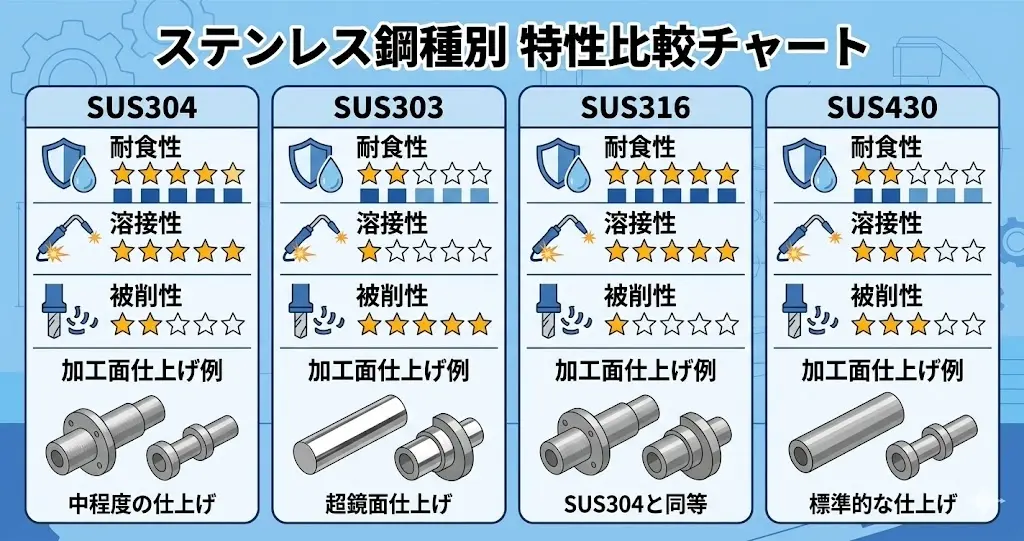 ステンレス鋼（SUS304, SUS303, SUS316, SUS430）の切削性を星数で比較するチャートと、各材種の加工品の仕上がりイメージ図。