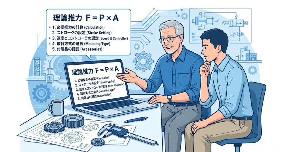 パソコンの設計画面やノートを使いながら、理論推力の計算式「F = P × A」などの選定5ステップを体系的に学んでいる設計者たちのイラスト