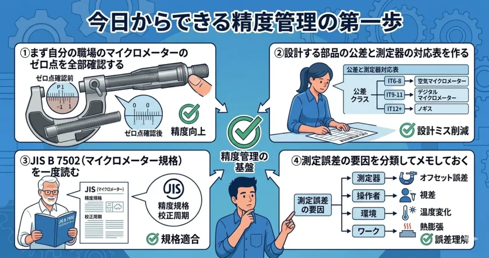 職場のマイクロメーターのゼロ点確認、公差対応表作成、JIS規格読解、誤差分類を行う具体的な4つのアクションを示したイラスト