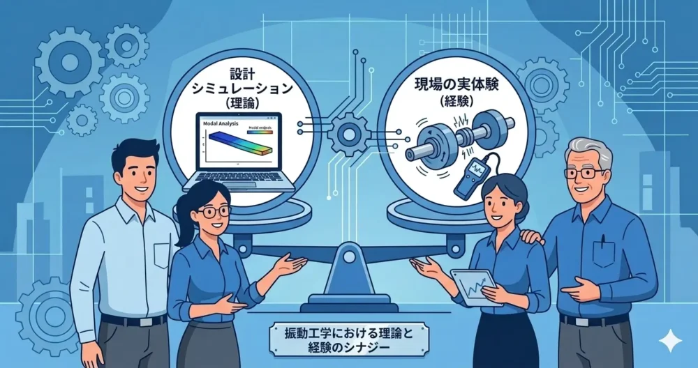 「設計書の数字」と「現場の現実」のギャップを埋めるために、忠実な解析と実機検証の両輪が不可欠であることを理解し、納得した表情を見せるエンジニアたちのまとめイラスト。