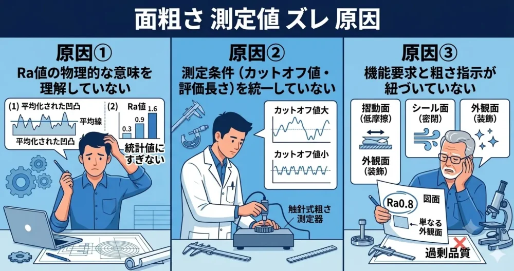 面粗さの指示値と測定結果がズレる3つの原因（Raの定義、測定条件、機能要件）を解説する図解イラスト