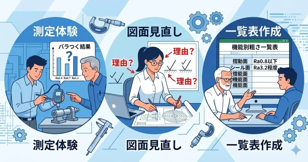 設計者が今日から実践できる面粗さ理解のための3つの具体的アクション（測定体験、図面見直し、一覧表作成）