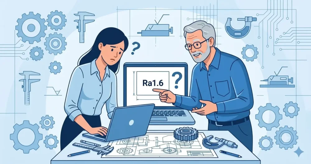 図面のRa1.6指示と機能要件の不一致を指摘するベテラン設計者と悩む若手設計者のイラスト