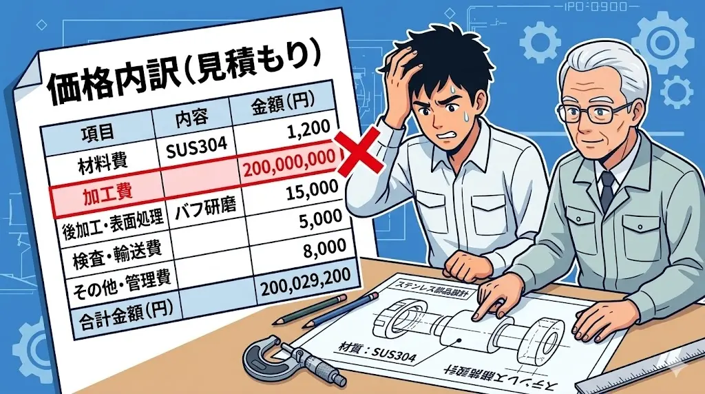 設計図面を前に、SUS304の加工コストの高さをベテラン設計者に指摘され、頭を抱える若い男性設計者のイラスト。