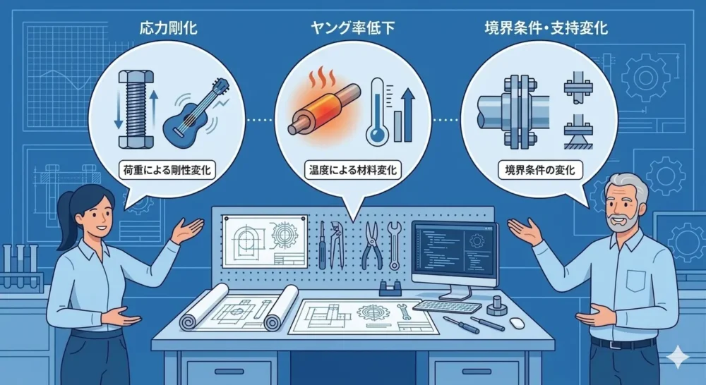 固有振動数が変化する3つの原因(荷重による剛性変化、温度による材料特性変化、境界条件の変化)を3つのアイコン(ギターの弦/ボルト、熱い金属、支持条件)で分かりやすく図解したイラスト。