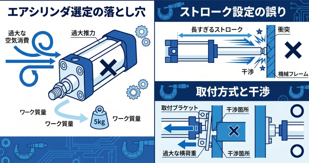 エアシリンダ選定で失敗しやすい3つの原因（計算不足、ストロークの曖昧さ、取付方式の干渉）を3つの分割図解で表現したイラスト