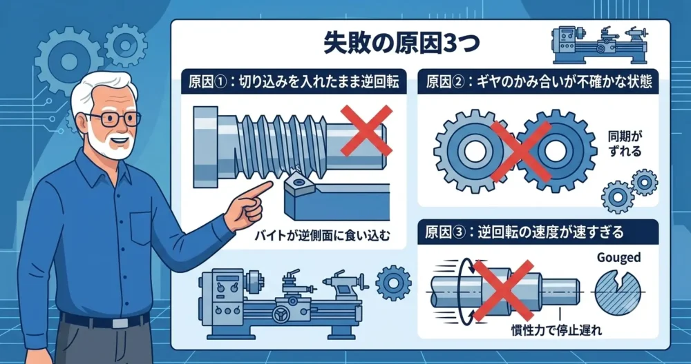 旋盤ネジ切り加工における3つの主な失敗原因を可視化した図解イラスト。切り込みを入れたまま逆回転、ギヤの不確かな噛み合い、逆回転速度が速すぎる例を示す。