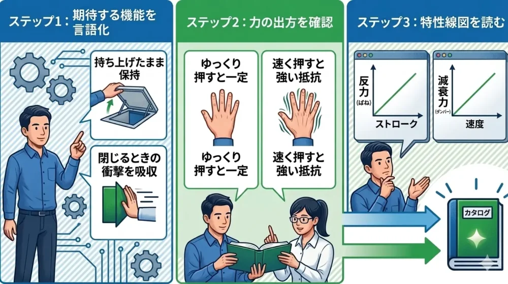 カタログの用語と特性線図から、ガスダンパーとガススプリングの違いを判別する方法を示す図解