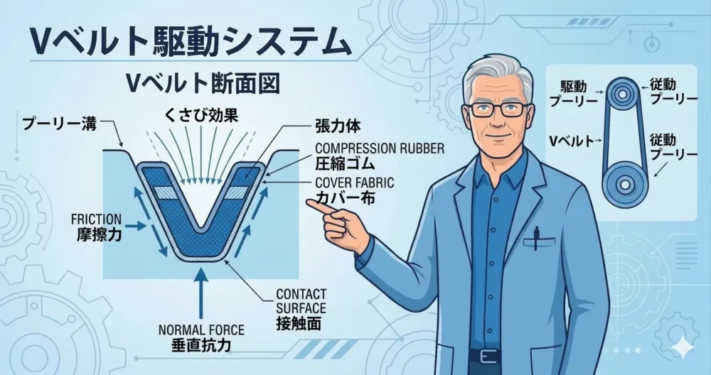 Vベルト伝動の仕組みと特徴を説明するベテランエンジニアと、断面がV字型のベルトがプーリーの溝に噛み合う構造の分かりやすい図解イラスト。