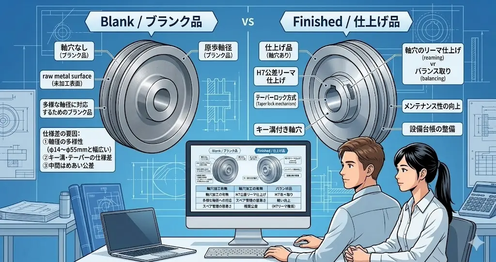軸穴のないブランクプーリー（左）と、キー溝加工が施された仕上げ品プーリー（右）の違いを比較して分かりやすく解説している図解。