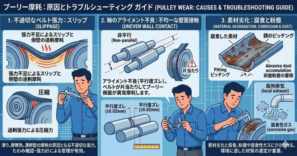 Vプーリーが摩耗する原因である「不適切なベルト張力」「軸のアライメント不良（平行度ズレ）」「素材劣化」を視覚的に示した3分割のトラブル解説図。