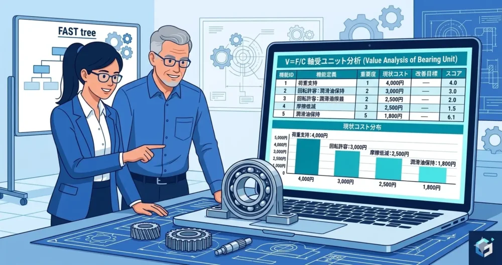 軸受（ベアリング）ユニットの機能別コスト配分や重要度スコアのデータをパソコン画面で分析する設計者のイラスト