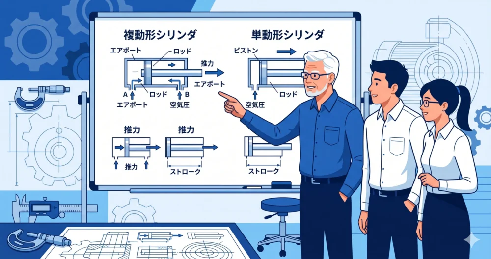 ベテラン設計者が若手設計者に複動形・単動形エアシリンダの基本構造と直線運動の仕組みを図解で解説しているイラスト