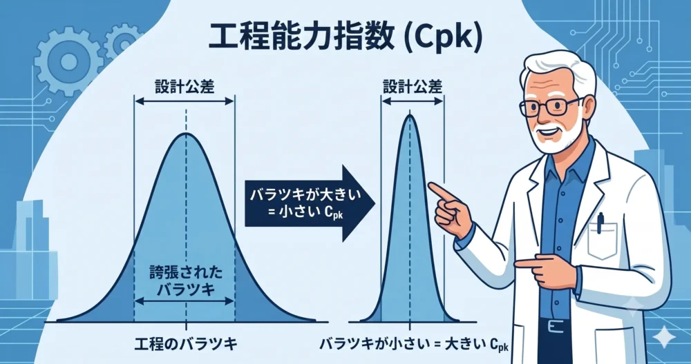 加工のバラつきと設計公差の関係を示す、工程能力指数（Cpk）の概念図。バラつきが大きい（Cpk小）状態と小さい（Cpk大）状態を比較。