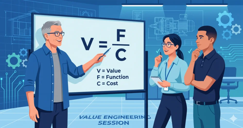 VE（バリューエンジニアリング）の基本公式である「価値(V)＝機能(F)÷コスト(C)」をホワイトボードで解説するベテラン設計者と、それを学ぶ若手設計者たちのイラスト