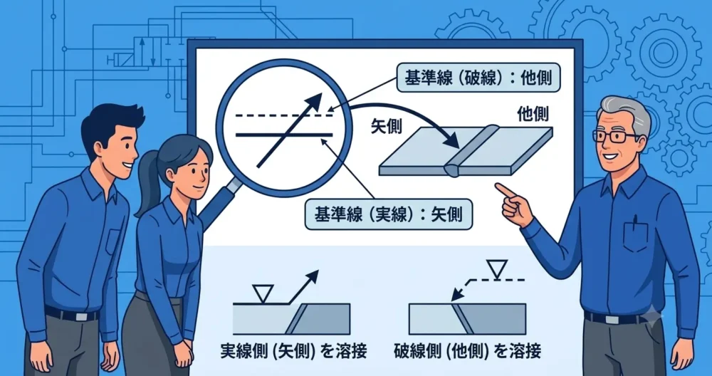 溶接記号の基本構造(基準線、矢、基本記号、尾部)と、それが設計・製造・検査の現場で共通言語として機能する重要性を図解するイラスト 。