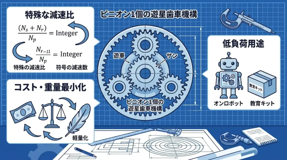 特殊減速比、低コスト、低負荷用途など、遊星ピニオンを1個にするメリットと使用例を表したイラスト