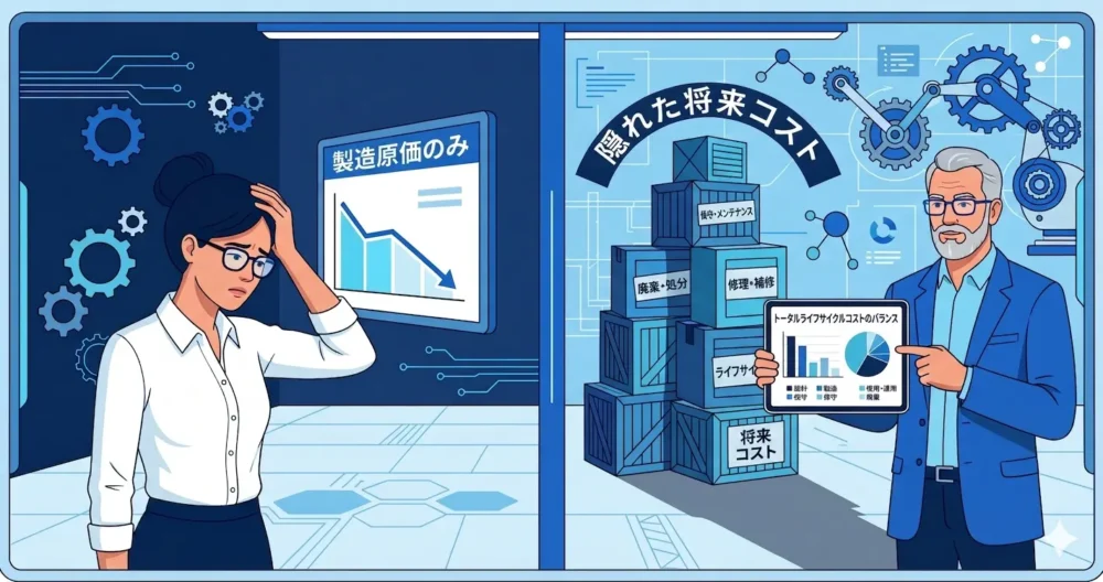 製造コストの削減ばかりに囚われ、製品のライフサイクルコストや本来の機能定義を見失う失敗要因を表現したイラスト