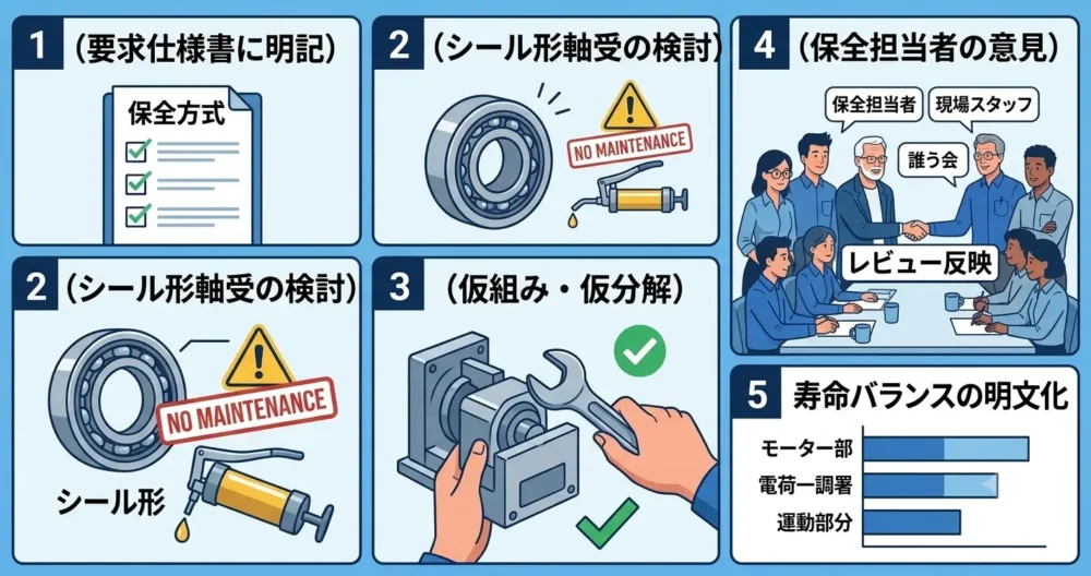 設計者が保全性を高めるための5つのステップを示したインフォグラフィック。1.要求明記、2.シール形軸受の検討、3.仮分解、4.保全担当者の意見反映、5.寿命バランスの明文化。