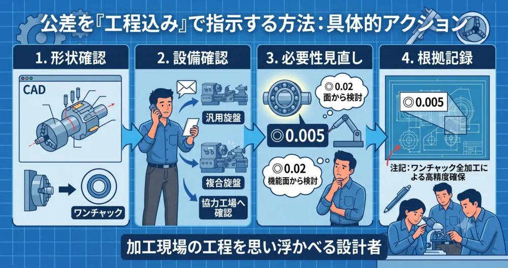 設計者が「工程込み」で適切な同軸度を指示するための4つのアクションフロー（形状確認、設備確認、必要性見直し、根拠記録）。