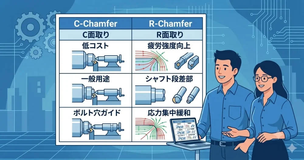 C面取り（コスト・一般用途）とR面取り（強度・意匠）の使い分け基準を示す図解。