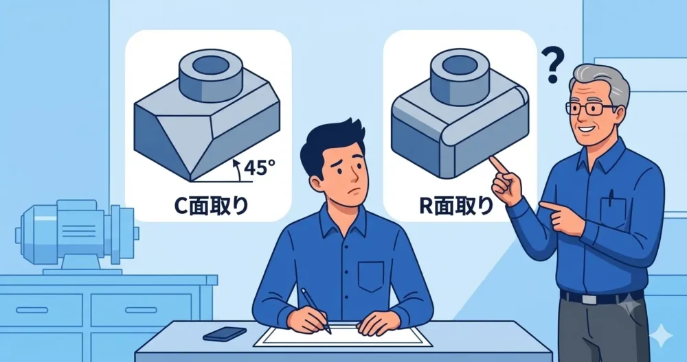 機械設計の図面作成でC面取りとR面取りの選択に迷う若手設計者と、助言するベテラン設計者のイラスト図解。
