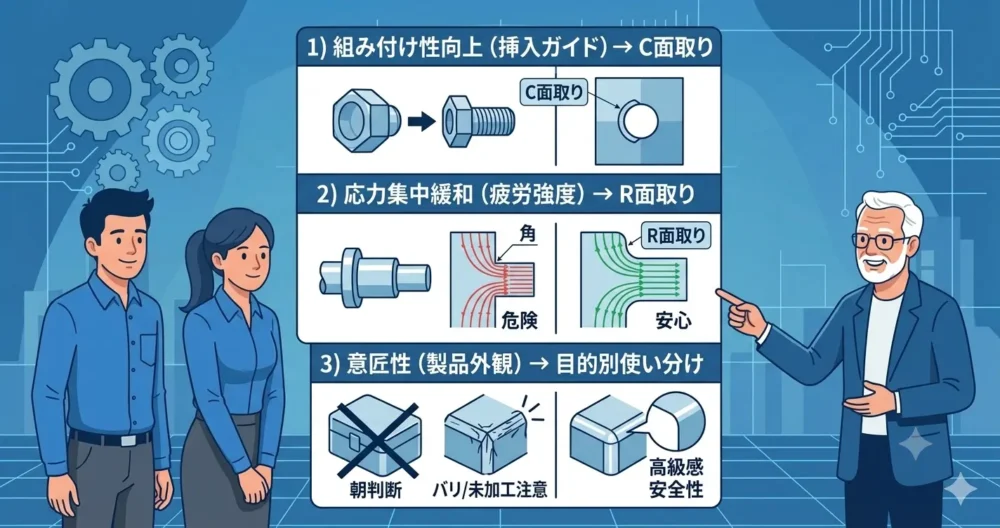 C面取り（一般・コスト）とR面取り（強度・意匠）の使い分けを要約した最終図解