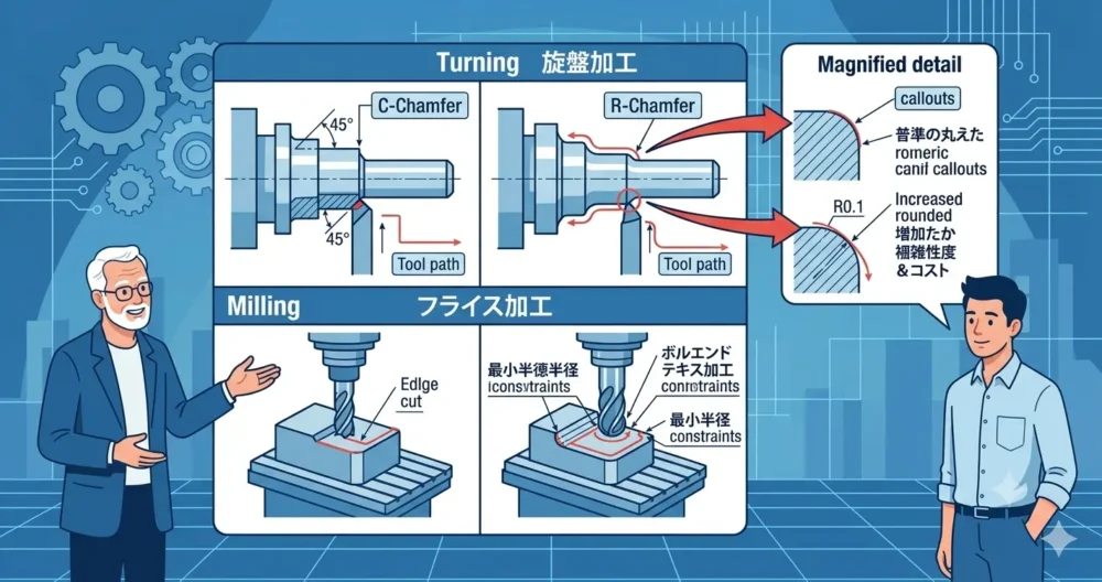 旋盤とフライスによる面取り加工の違いと設計上の制約を示す図解