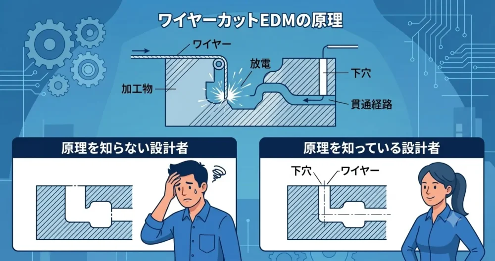 ワイヤーカット放電加工の動作原理図解（下穴とワイヤー経路）と、それを理解した設計者と理解していない設計者の図面の差を比較するイラスト