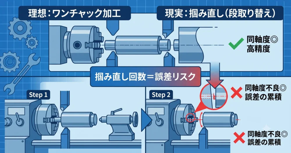 ワンチャック加工による高い同軸度の確保と、掴み直し（段取り替え）によって誤差が累積するメカニズムを比較した技術図解。