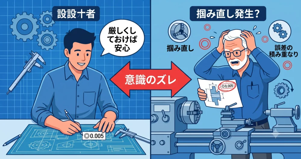 設計図面に厳しい同軸度公差を書き込む若手設計者と、加工の難しさに頭を抱える現場のベテラン技術者の対比を描いたインフォグラフィック。
