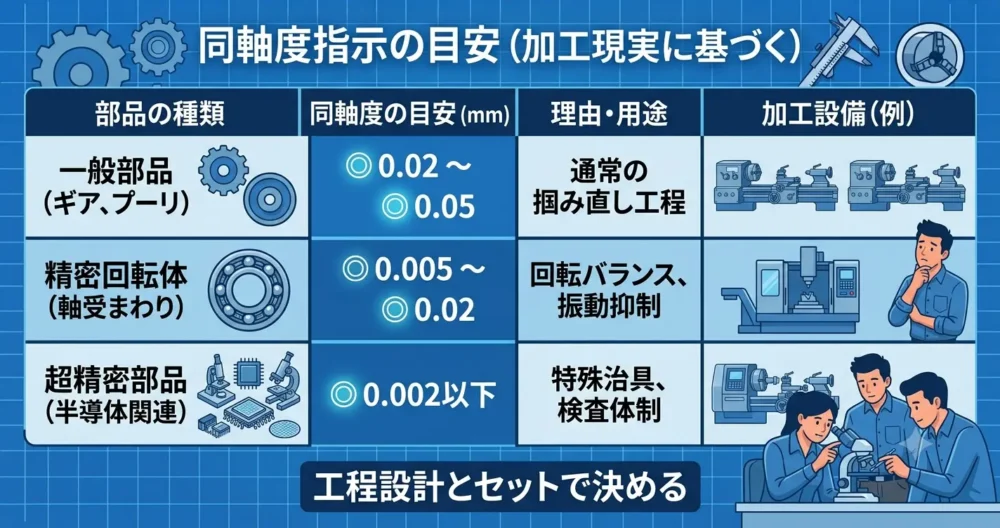 一般機械部品（0.02〜0.05mm）、精密回転体（0.005〜0.02mm）、超精密部品（0.002mm以下）における同軸度公差の目安と用途をまとめた表。