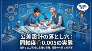 図面に「同軸度◎0.005」と厳しめの公差を指示する設計者と、加工の難しさに困惑する現場担当者の様子を、鮮やかな青色で描いた、アイキャッチ画像（サムネイル）。記事タイトル「公差設計の落とし穴」を大きく表示。