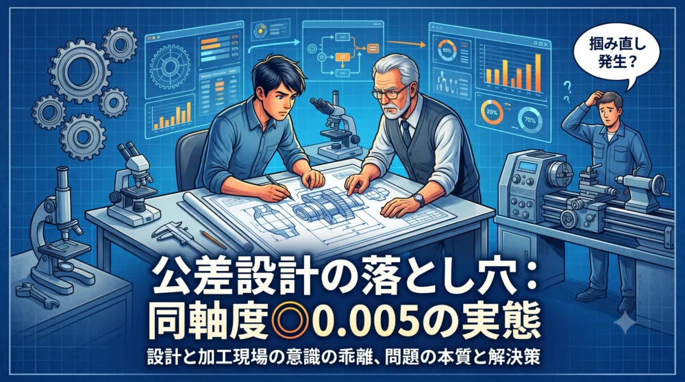 図面に「同軸度◎0.005」と厳しめの公差を指示する設計者と、加工の難しさに困惑する現場担当者の様子を、鮮やかな青色で描いた、アイキャッチ画像（サムネイル）。記事タイトル「公差設計の落とし穴」を大きく表示。