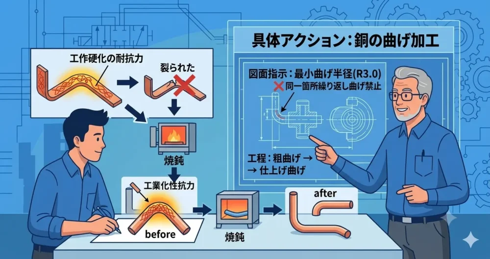 銅の曲げ加工を例に、加工硬化を考慮した焼鈍工程を組み込む具体的なアクションプランをホワイトボードで解説する設計チームのイラスト。
