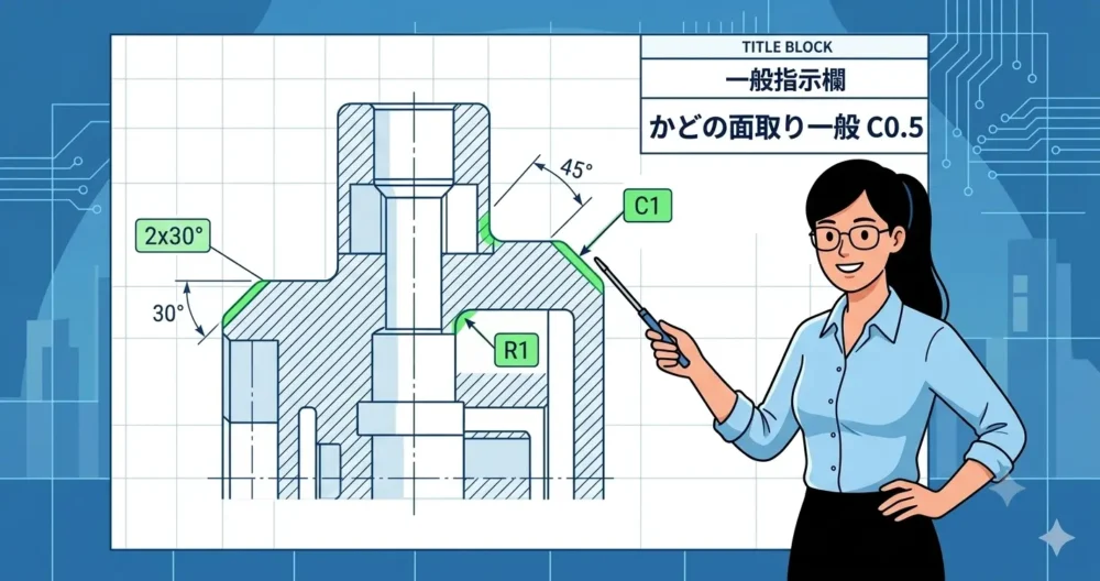 JISに基づく図面へのC面取り（C1）とR面取り（R2）の正しい指示方法例。