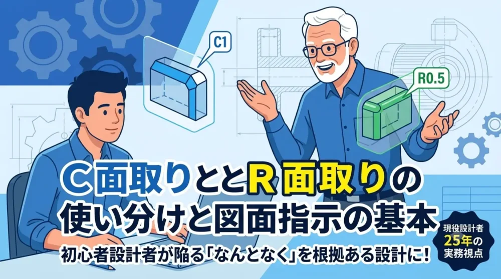 C面取りとR面取りの使い分けを学ぶ初心者設計者と助言するベテラン設計者のイラスト。ブログタイトル「C面取りとR面取りの使い分けと図面指示の基本」が中央に配置されている。