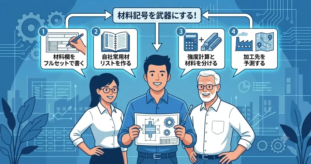 学んだ材料記号の知識を実務に活かす4つの具体アクション（フルセット記入、常用リスト、計算切り分け、加工予測）を、自信を持って実践する若手設計者の姿。