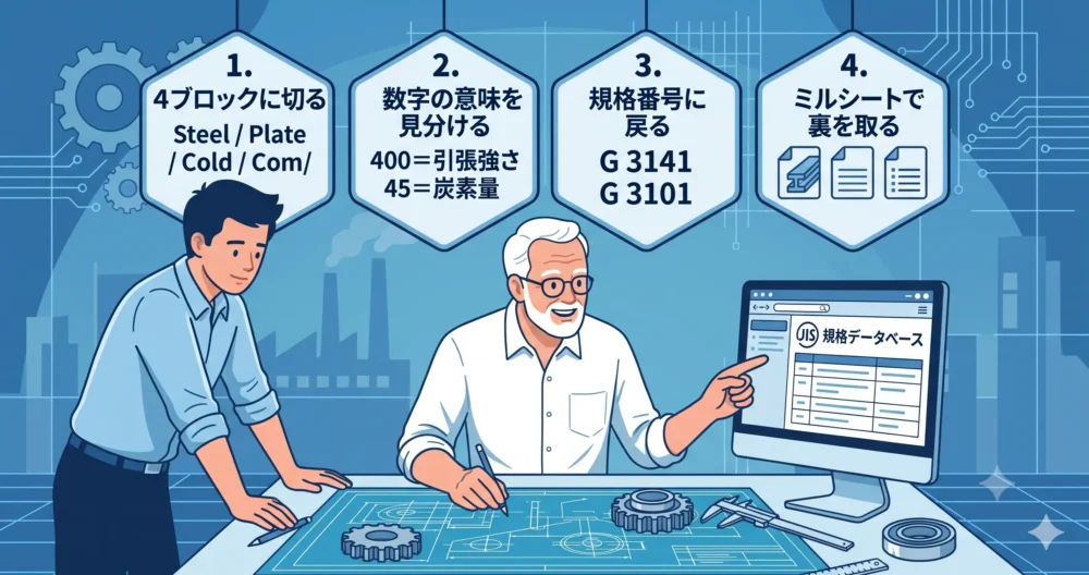 若手設計者とベテラン設計者が協力して、4つのステップ（ブロック分解、数字の意味、規格確認、ミルシート検証）で材料記号を読み解く手順を示す図解。