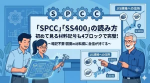 「SPCC」「SS400」の材料記号の読み方を解説するブログのアイキャッチ画像。4つのブロックで分解する概念図と、自信を持って図面を描く設計者たちのイラスト。