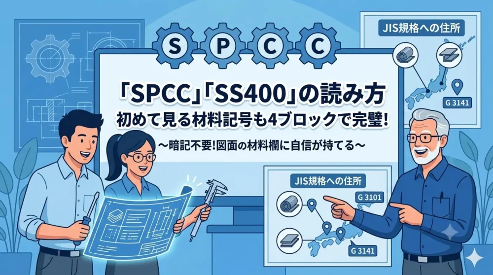 「SPCC」「SS400」の材料記号の読み方を解説するブログのアイキャッチ画像。4つのブロックで分解する概念図と、自信を持って図面を描く設計者たちのイラスト。