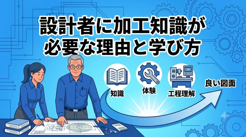 設計図面と本、工作機械のアイコンを組み合わせ、「設計者に加工知識が必要な理由と学び方」と書かれたブログ記事のアイキャッチ画像